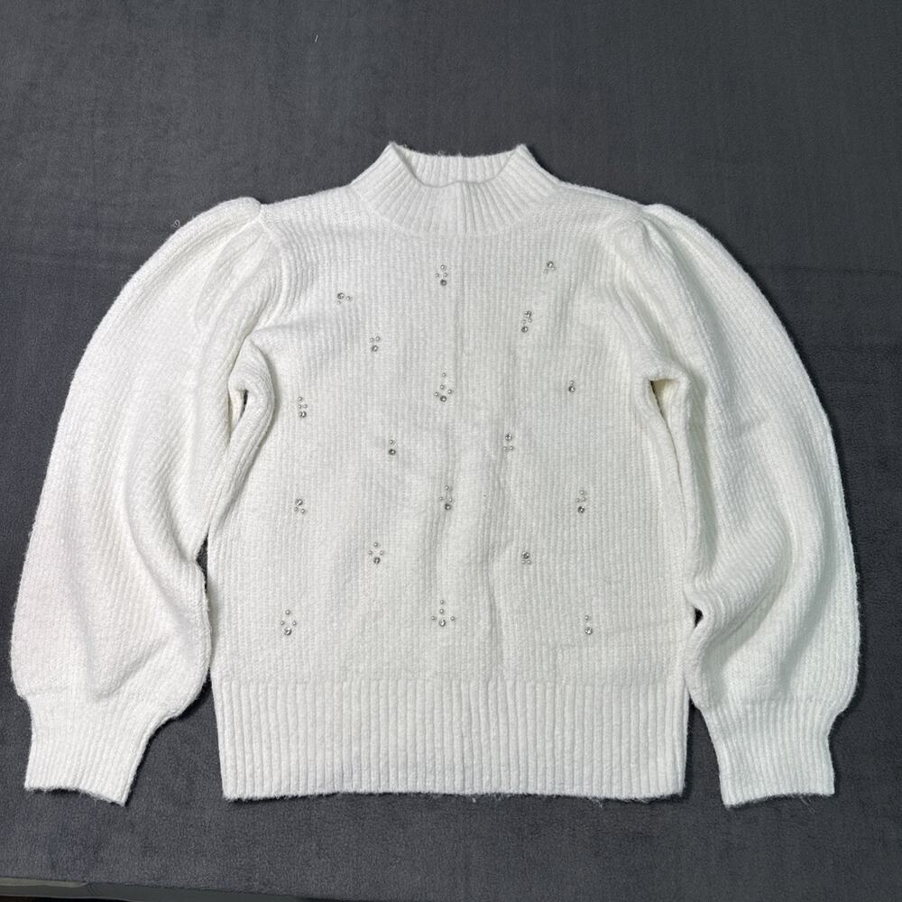Free Assembly Women’s white Cable Knit Puff Sleeve Pullover Sweater XSMALL